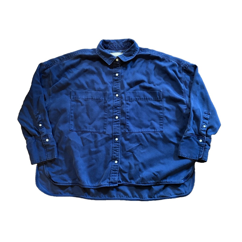 Everlane Button Up Shirt Womens L Blue 3/4 Sleeve Boxy Preppy Classic Minimalist